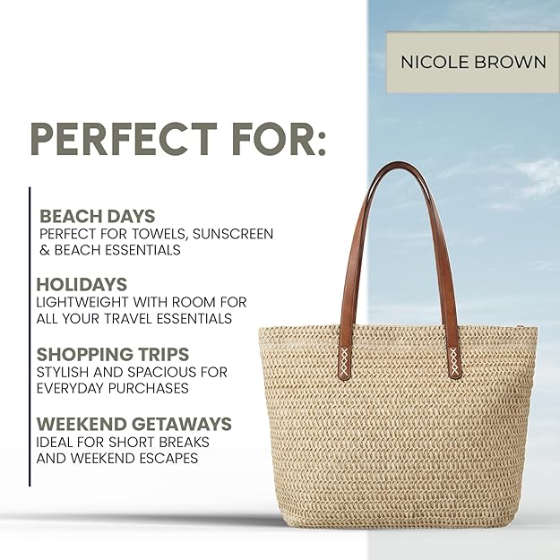 Nicole Brown Straw Beach Bag for Women – Large Woven Tote Bag with Zip Closure & Interior Pocket, Lightweight Summer Shoulder Bag for Beach, Holiday, Shopping & Travel