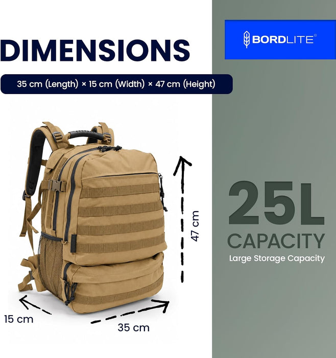Bordlite 25L Military Tactical Backpack, Heavy Duty MOLLE Rucksack with Padded Shoulder Straps, Waist Belt, Multiple Compartments for Hiking, Camping, Travel, Gym & Work
