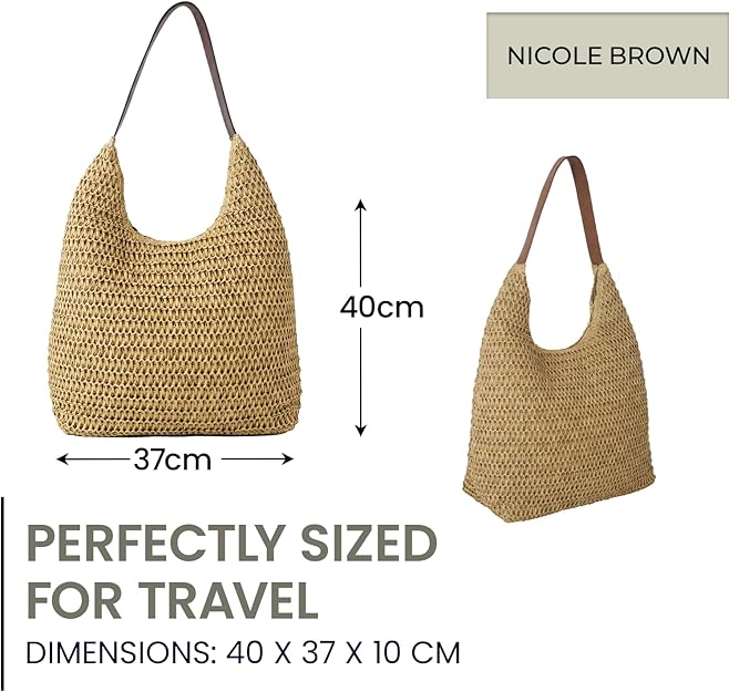Nicole Brown Women's Straw Hobo Shoulder Bag - Woven Summer Beach Handbag with Zip Closure, Lightweight Holiday Tote for Travel, Shopping & Everyday Use