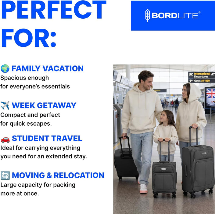 Bordlite Softshell Spinner Suitcase Black - Expandable Travel Luggage with 360 Wheels, Combination Lock, Telescopic Handle and Front Pockets (Available in 19", 22", 27", 30", 34" and Bundle Sets)