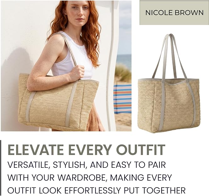 Nicole Brown Straw Tote Bag for Women – Summer Beach Shoulder Bag with Magnetic Closure & Inner Zip Pocket, Lightweight Woven Shopper for Holidays, Travel & Everyday Use
