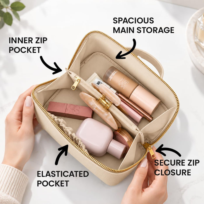 Nicole Brown Large Makeup Bag for Women 24x12x12cm – Cosmetic Organiser with Compartments & Brush Holders – Travel Toiletry Bag with Gold Zip & Carry Handle