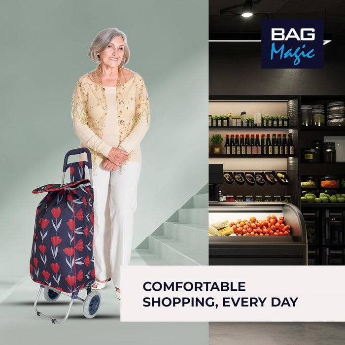 Lightweight 2 Wheel Shopping Trolley Cart 35L - Water-Resistant Bag & Smooth Rolling Wheels - 94cm