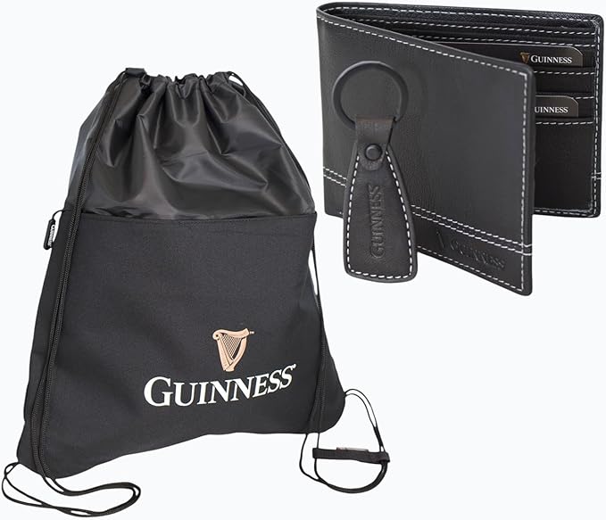 Guinness Official Gift Set – Leather Wallet & Key Fob with Water-Resistant Drawstring Bag | RFID Blocking, Genuine Leather, Licensed Merchandise for Men | Perfect Guinness Fan Gift