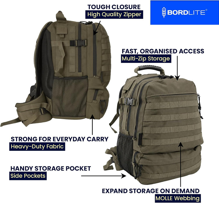 Bordlite 25L Military Tactical Backpack, Heavy Duty MOLLE Rucksack with Padded Shoulder Straps, Waist Belt, Multiple Compartments for Hiking, Camping, Travel, Gym & Work