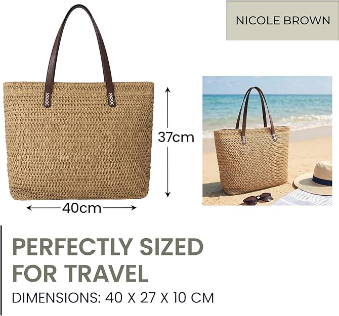 Nicole Brown Straw Beach Bag for Women – Large Woven Tote Bag with Zip Closure & Interior Pocket, Lightweight Summer Shoulder Bag for Beach, Holiday, Shopping & Travel