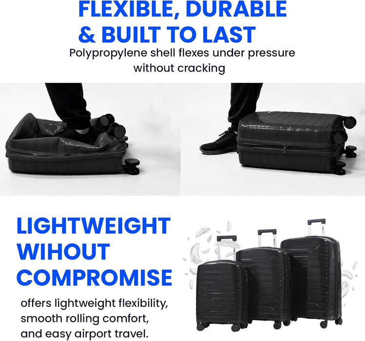 Bordlite Expandable Polypropylene Hard Shell Luggage, Lightweight Suitcase with 4 Spinner Wheels, Combination Lock and Telescopic Handle