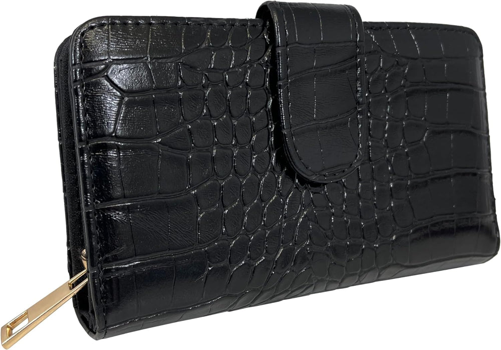 Ridgeback Women's Faux Croc Pattern Tri-Fold Purse - Ladies Coin Purse ID Wallet, Photo Holder, 16 Card Slots