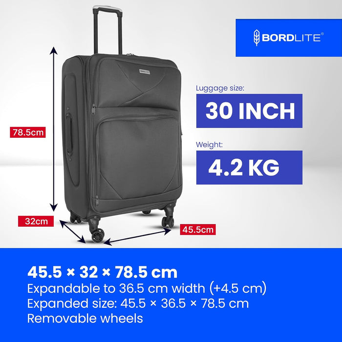 Bordlite Softshell Spinner Suitcase Black - Expandable Travel Luggage with 360 Wheels, Combination Lock, Telescopic Handle and Front Pockets (Available in 19", 22", 27", 30", 34" and Bundle Sets)