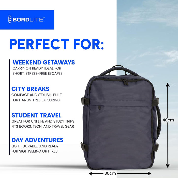 Bordlite Ryanair Cabin Backpack 40x30x20cm – Underseat Travel Backpack for Wizz Air & EasyJet, Water-Resistant Polyester Carry On Bag with Laptop Sleeve, Compression Straps & Security Pocket