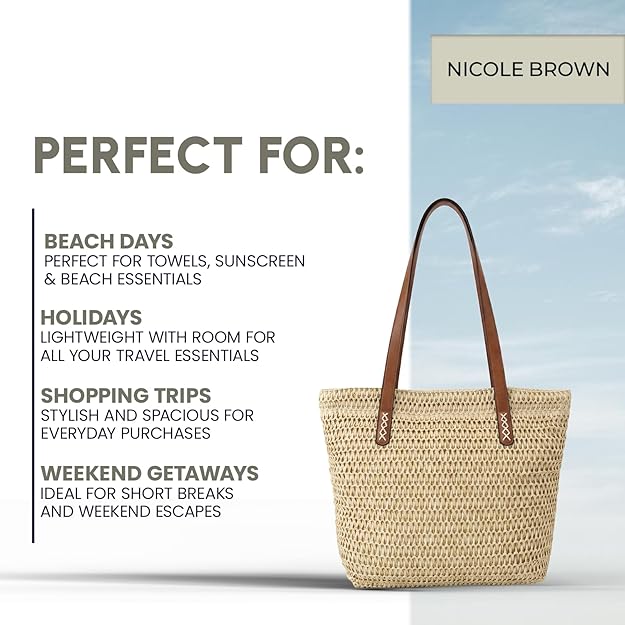 Nicole Brown Straw Tote Bag for Women – Woven Summer Shoulder Bag with Zip Closure & Interior Zip Pocket, Lightweight Beach Shopper Tote for Holidays, Travel & Everyday Use
