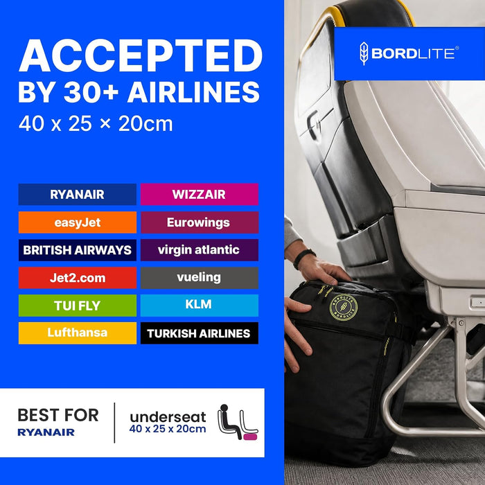 Bordlite Ryanair Cabin Bag 40x25x20cm Underseat Wheeled Travel Bag, Lightweight 20L Hand Luggage with Telescopic Handle, Smooth Wheels, Compression Straps, Side Pocket & Luggage Strap