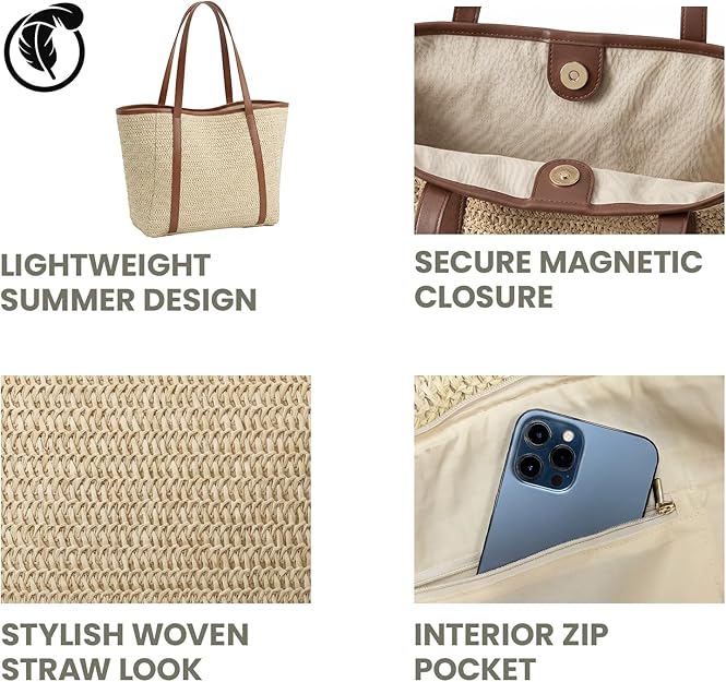 Nicole Brown Straw Tote Bag for Women – Summer Beach Shoulder Bag with Magnetic Closure & Inner Zip Pocket, Lightweight Woven Shopper for Holidays, Travel & Everyday Use