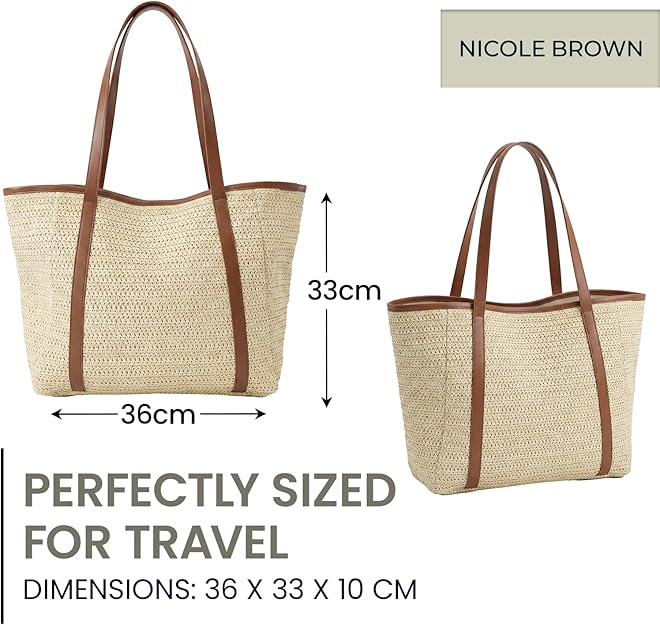 Nicole Brown Straw Tote Bag for Women – Summer Beach Shoulder Bag with Magnetic Closure & Inner Zip Pocket, Lightweight Woven Shopper for Holidays, Travel & Everyday Use