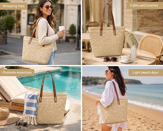 Nicole Brown Straw Tote Bag for Women – Woven Summer Shoulder Bag with Zip Closure & Interior Zip Pocket, Lightweight Beach Shopper Tote for Holidays, Travel & Everyday Use