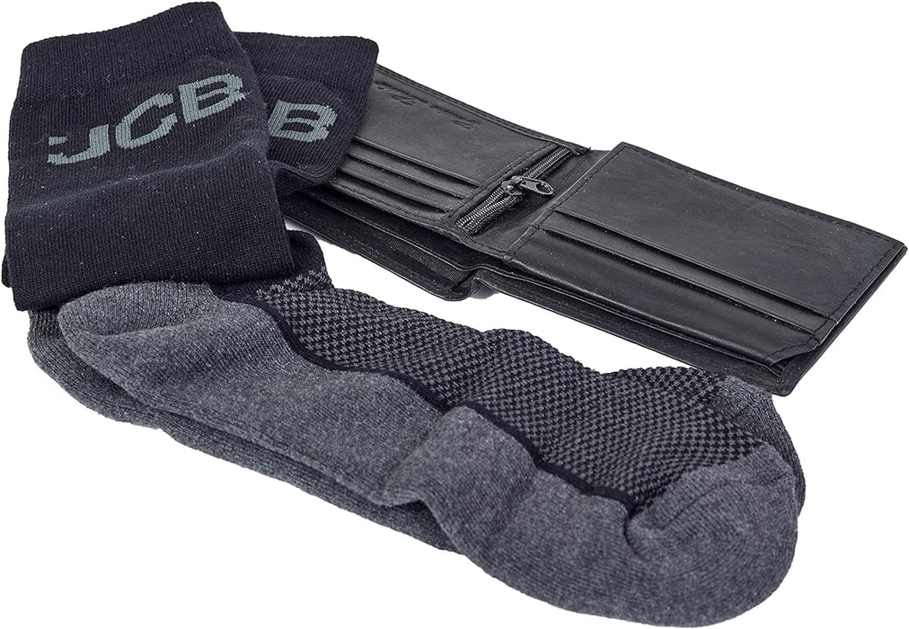 JCB - Leather Wallet Gift Set - Includes Leather Wallet & Cotton Socks (Size 7-11) - RFID Protected - Fold ID Pocket - Reinforced Heels & Toes - Gift Boxed (Black)