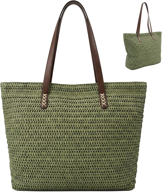 Nicole Brown Straw Beach Bag for Women – Large Woven Tote Bag with Zip Closure & Interior Pocket, Lightweight Summer Shoulder Bag for Beach, Holiday, Shopping & Travel