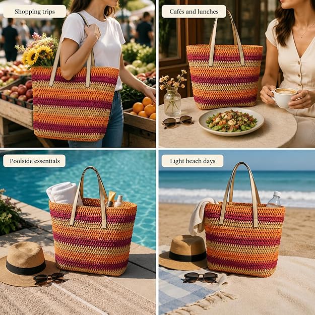 Nicole Brown Women's Straw Tote Bag - Woven Summer Beach Bag with Zip Closure & Interior Pocket, Lightweight Holiday Shoulder Shopper for Travel, Shopping & Beach Days