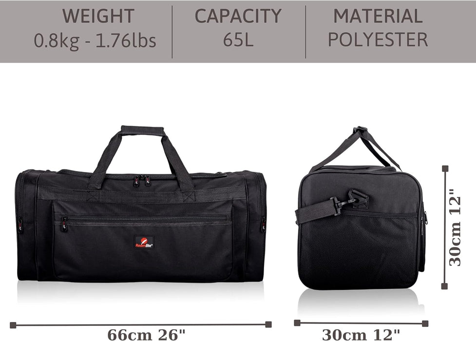 Roamlite Travel Duffle Holdalls - Weekend or Very Big Overnight Bag - Gym Sports Kit - 66x30x30 cm Litre RL58K (Black)