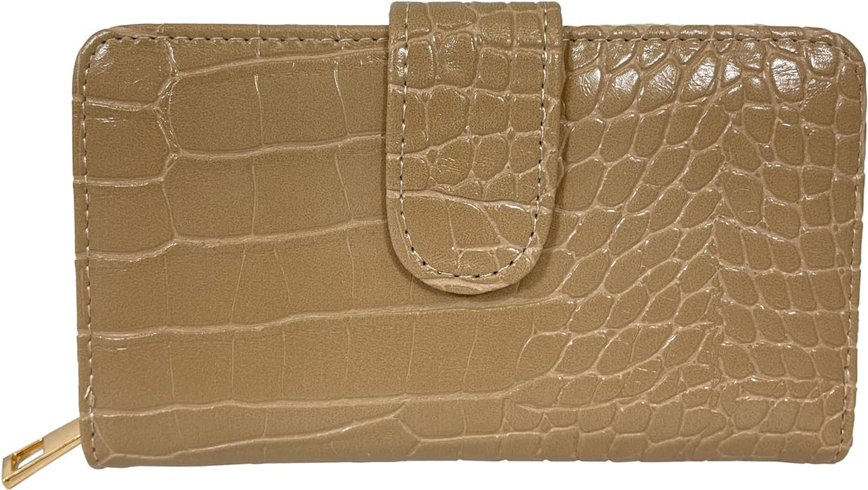 Ridgeback Women's Faux Croc Pattern Tri-Fold Purse - Ladies Coin Purse ID Wallet, Photo Holder, 16 Card Slots