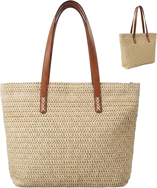 Nicole Brown Straw Beach Bag for Women – Large Woven Tote Bag with Zip Closure & Interior Pocket, Lightweight Summer Shoulder Bag for Beach, Holiday, Shopping & Travel