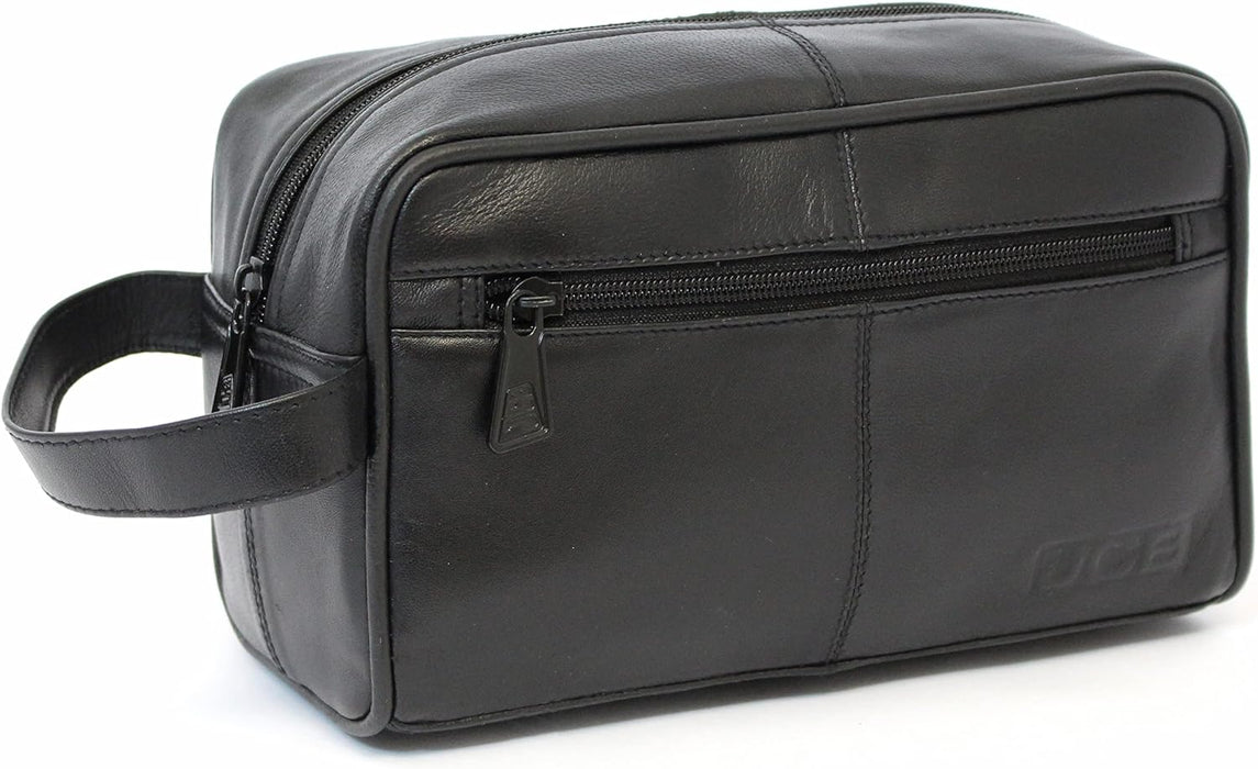 JCB - Black Genuine Leather Travel Wash Bag - Zipped Travel Bags for Men - Travel Accessories