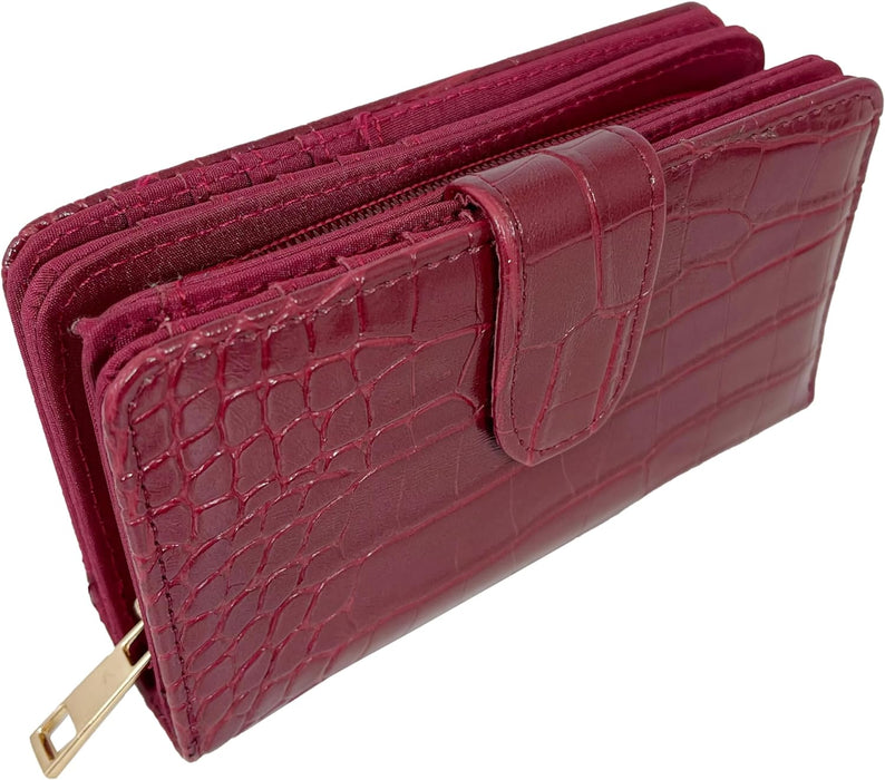 Ridgeback Women's Faux Croc Pattern Tri-Fold Purse - Ladies Coin Purse ID Wallet, Photo Holder, 16 Card Slots