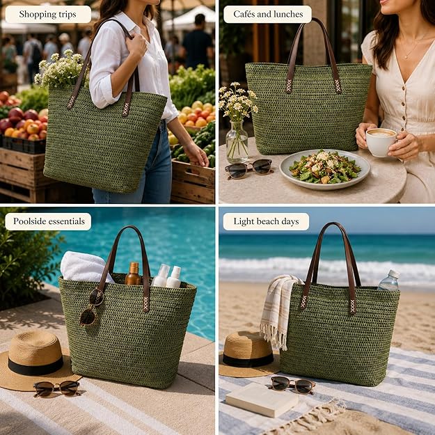 Nicole Brown Straw Beach Bag for Women – Large Woven Tote Bag with Zip Closure & Interior Pocket, Lightweight Summer Shoulder Bag for Beach, Holiday, Shopping & Travel
