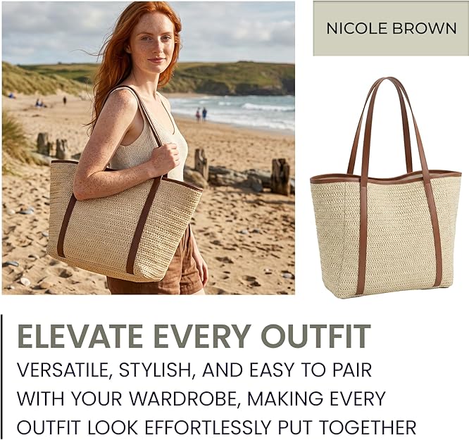 Nicole Brown Straw Tote Bag for Women – Summer Beach Shoulder Bag with Magnetic Closure & Inner Zip Pocket, Lightweight Woven Shopper for Holidays, Travel & Everyday Use