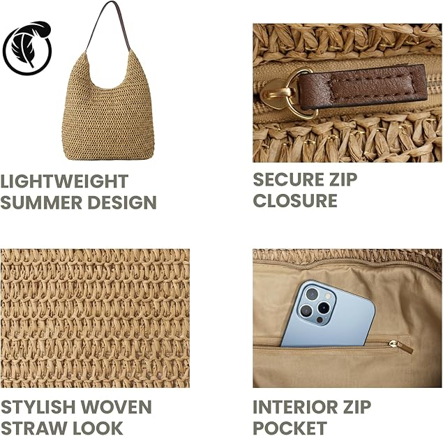 Nicole Brown Women's Straw Hobo Shoulder Bag - Woven Summer Beach Handbag with Zip Closure, Lightweight Holiday Tote for Travel, Shopping & Everyday Use