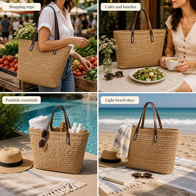 Nicole Brown Straw Beach Bag for Women – Large Woven Tote Bag with Zip Closure & Interior Pocket, Lightweight Summer Shoulder Bag for Beach, Holiday, Shopping & Travel