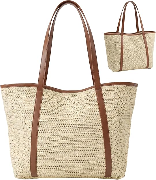 Nicole Brown Straw Tote Bag for Women – Summer Beach Shoulder Bag with Magnetic Closure & Inner Zip Pocket, Lightweight Woven Shopper for Holidays, Travel & Everyday Use