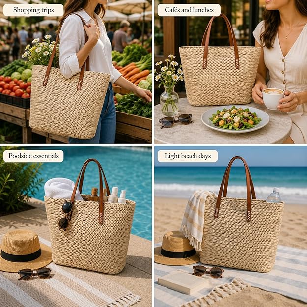 Nicole Brown Straw Beach Bag for Women – Large Woven Tote Bag with Zip Closure & Interior Pocket, Lightweight Summer Shoulder Bag for Beach, Holiday, Shopping & Travel