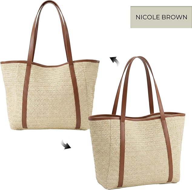 Nicole Brown Straw Tote Bag for Women – Summer Beach Shoulder Bag with Magnetic Closure & Inner Zip Pocket, Lightweight Woven Shopper for Holidays, Travel & Everyday Use