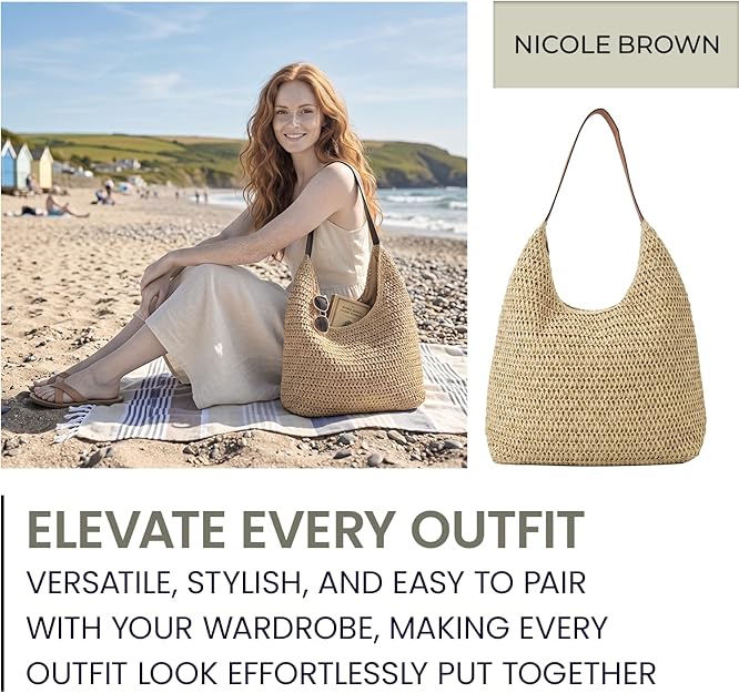 Nicole Brown Women's Straw Hobo Shoulder Bag - Woven Summer Beach Handbag with Zip Closure, Lightweight Holiday Tote for Travel, Shopping & Everyday Use
