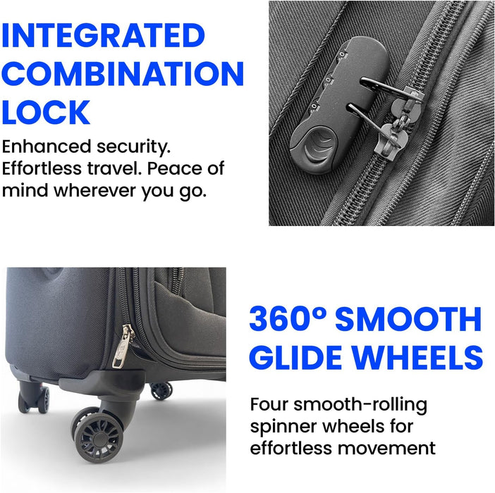Bordlite Softshell Spinner Suitcase Black - Expandable Travel Luggage with 360 Wheels, Combination Lock, Telescopic Handle and Front Pockets (Available in 19", 22", 27", 30", 34" and Bundle Sets)