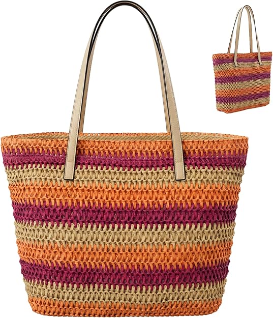 Nicole Brown Women's Straw Tote Bag - Woven Summer Beach Bag with Zip Closure & Interior Pocket, Lightweight Holiday Shoulder Shopper for Travel, Shopping & Beach Days
