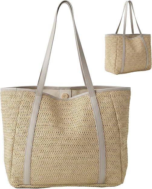 Nicole Brown Straw Tote Bag for Women – Summer Beach Shoulder Bag with Magnetic Closure & Inner Zip Pocket, Lightweight Woven Shopper for Holidays, Travel & Everyday Use