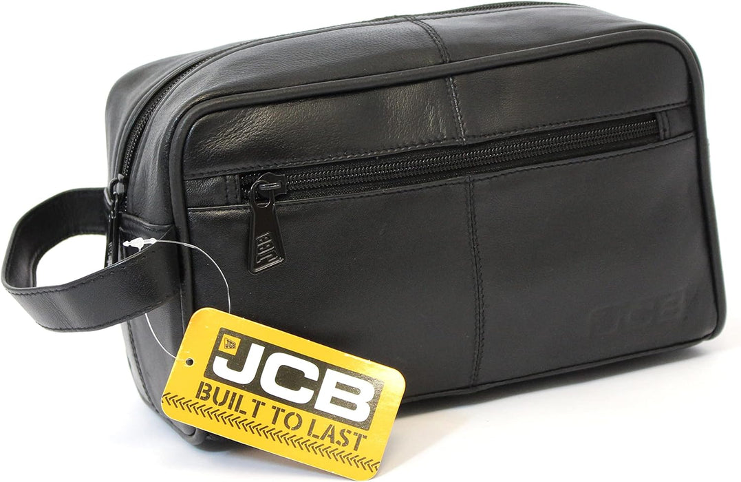 JCB - Black Genuine Leather Travel Wash Bag - Zipped Travel Bags for Men - Travel Accessories