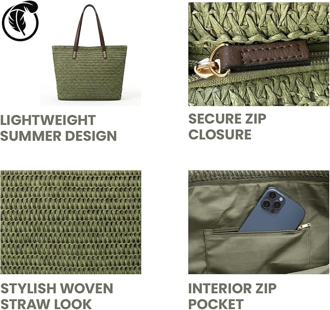 Nicole Brown Straw Beach Bag for Women – Large Woven Tote Bag with Zip Closure & Interior Pocket, Lightweight Summer Shoulder Bag for Beach, Holiday, Shopping & Travel