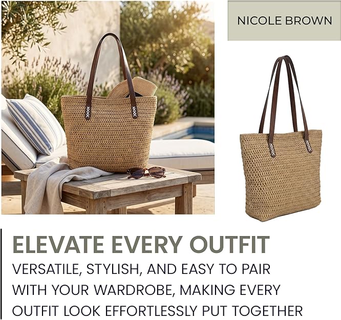 Nicole Brown Straw Tote Bag for Women – Woven Summer Shoulder Bag with Zip Closure & Interior Zip Pocket, Lightweight Beach Shopper Tote for Holidays, Travel & Everyday Use