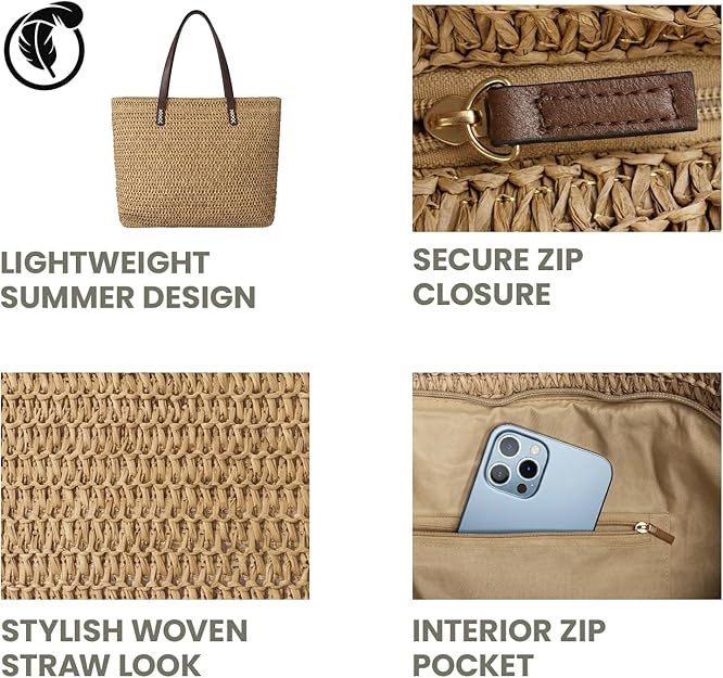 Nicole Brown Straw Beach Bag for Women – Large Woven Tote Bag with Zip Closure & Interior Pocket, Lightweight Summer Shoulder Bag for Beach, Holiday, Shopping & Travel