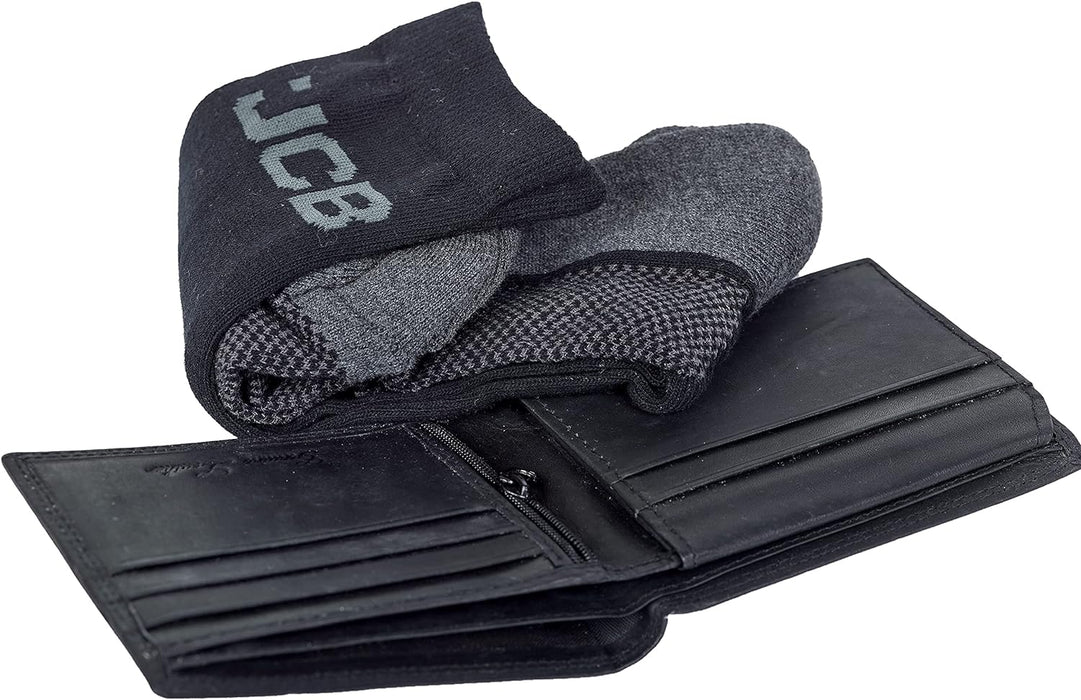 JCB - Leather Wallet Gift Set - Includes Leather Wallet & Cotton Socks (Size 7-11) - RFID Protected - Fold ID Pocket - Reinforced Heels & Toes - Gift Boxed (Black)