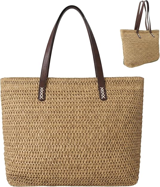 Nicole Brown Straw Beach Bag for Women – Large Woven Tote Bag with Zip Closure & Interior Pocket, Lightweight Summer Shoulder Bag for Beach, Holiday, Shopping & Travel