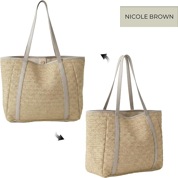 Nicole Brown Straw Tote Bag for Women – Summer Beach Shoulder Bag with Magnetic Closure & Inner Zip Pocket, Lightweight Woven Shopper for Holidays, Travel & Everyday Use
