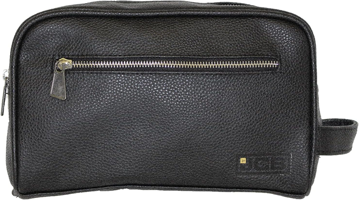 JCB - Black Genuine Leather Travel Wash Bag - Zipped Travel Bags for Men - Travel Accessories