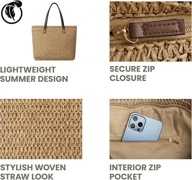 Nicole Brown Straw Tote Bag for Women – Woven Summer Shoulder Bag with Zip Closure & Interior Zip Pocket, Lightweight Beach Shopper Tote for Holidays, Travel & Everyday Use