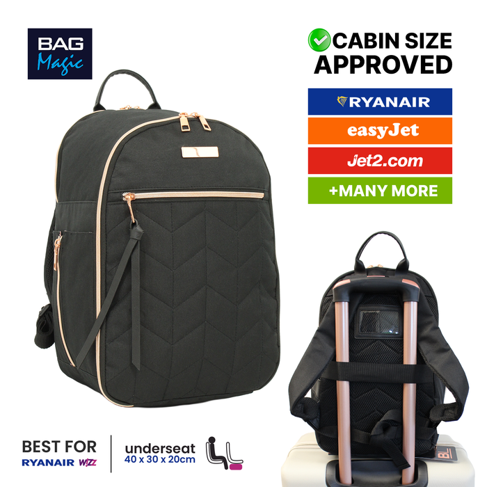 Ryanair Underseat Cabin Backpack 40x25x20cm Flight Bag Hand Luggage - Black/Rose Gold