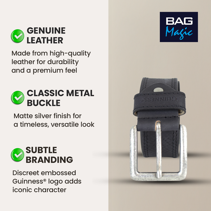 Official Guinness Genuine Black Leather Belt for Men, Full Grain Premium Leather