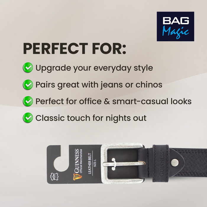 Official Guinness Genuine Black Leather Belt for Men, Full Grain Premium Leather